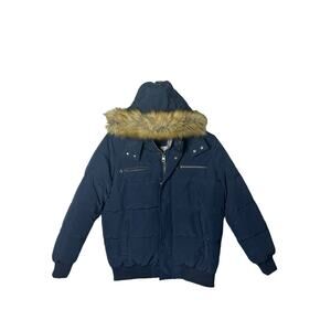 Guess Women's Faux Fur Trim Hooded Puffer Coat Dark Blue size large